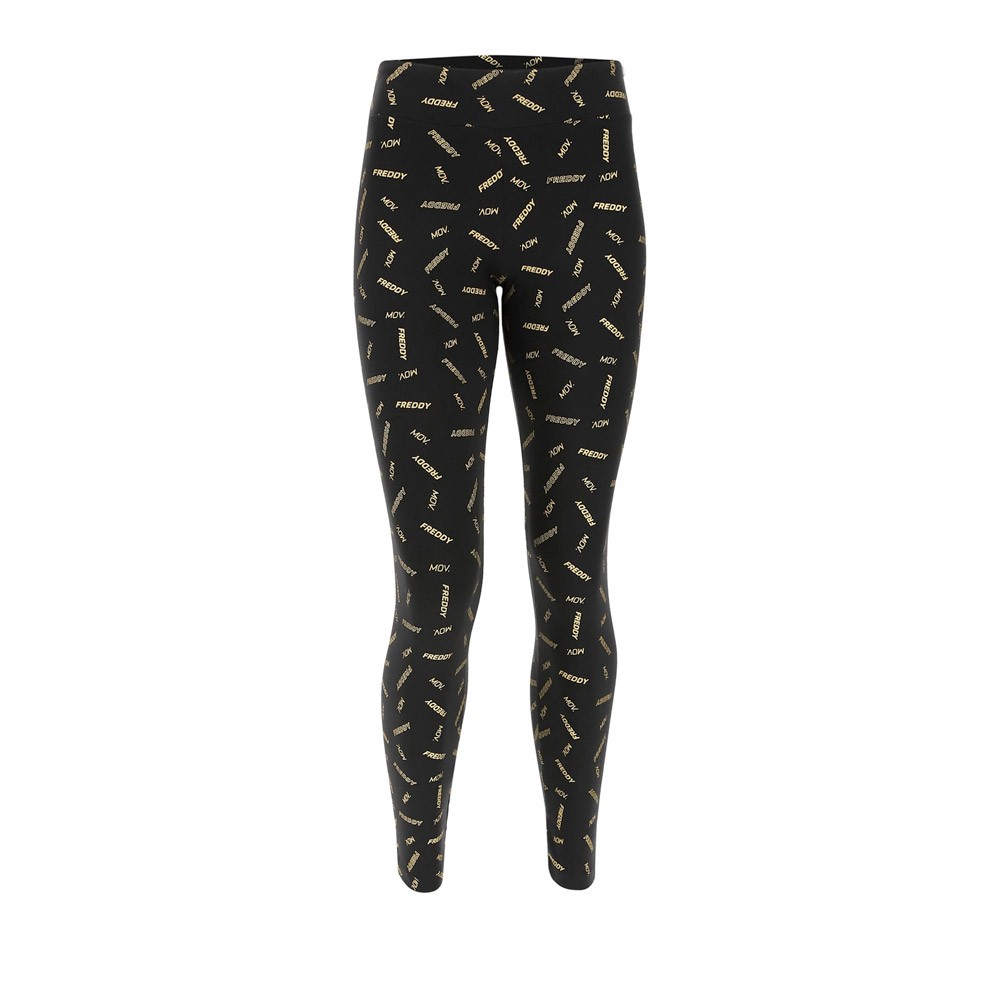 Freddy Black leggings with a gold all-over FREDDY MOV. print - F1WFTP3C-NO1