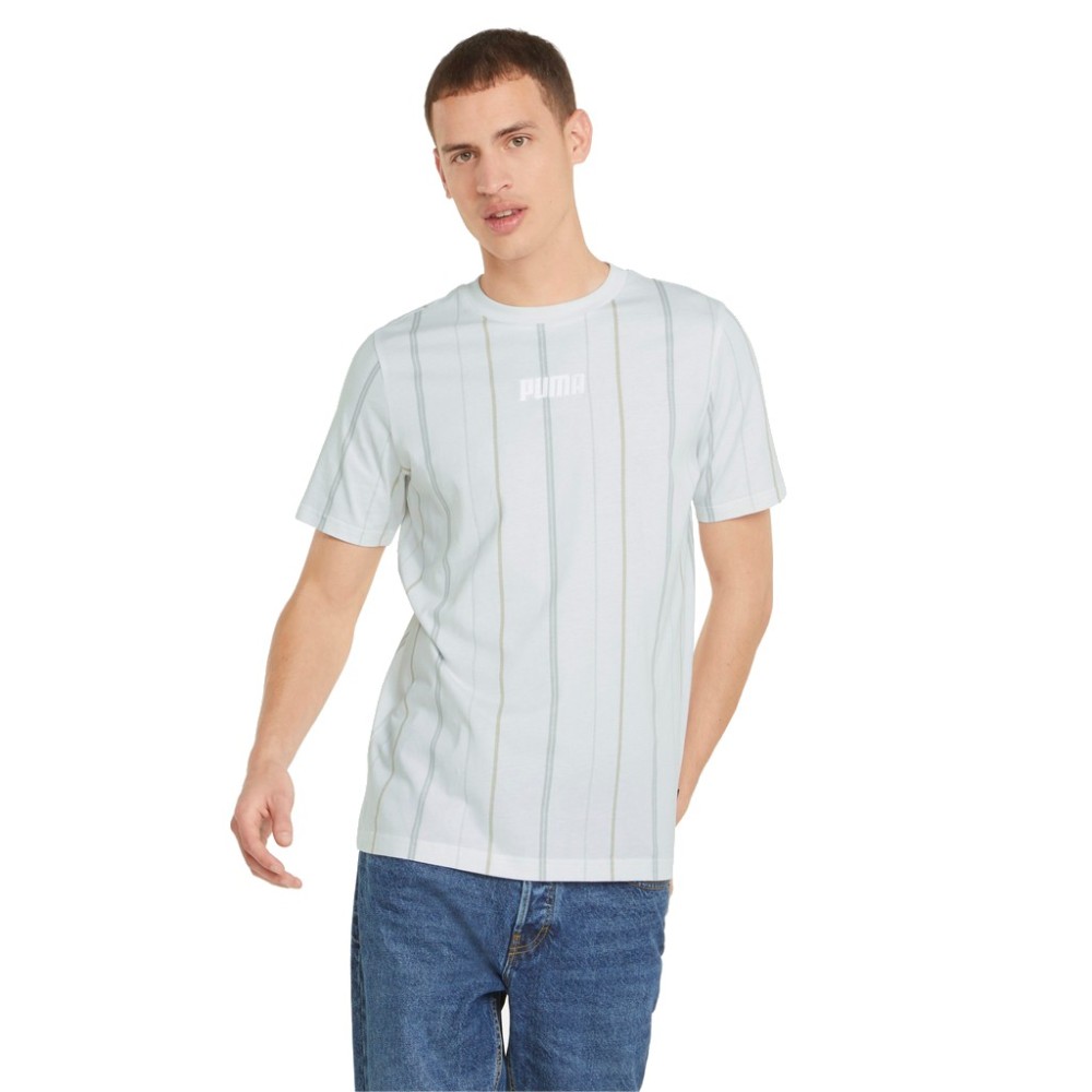 Puma Modern Basics Ανδρικό T-shirt Λευκό με Ρίγες - 847408-02